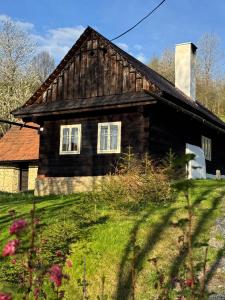 a black house with white windows on a green yard at chalupa Hajan in Valašská Polanka