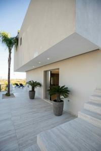 a house with two potted plants on a patio at Villa Kennedy in Faliraki