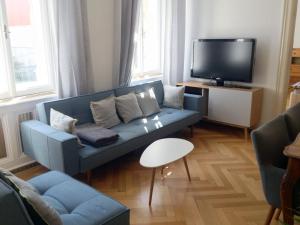 un salon avec un canapé bleu et une télévision dans l'établissement Big Vintage Style Flat Near Schönbrunn, à Vienne