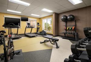 a gym with exercise equipment and a flat screen tv at Hilton Garden Inn Jackson-Madison in Madison