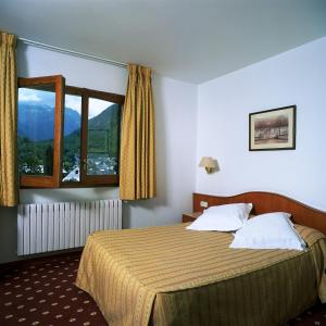 a hotel room with a bed and a window at Hotel Edelweiss in Arties