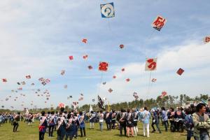 a large group of people flying kites in a field at キュリナリーBed and Art in Hamamatsu +24 photos