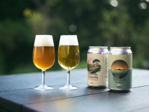 two glasses of beer and cans on a table at GEOSPOT Motohakone C 2026年1月 New Open in Hakone +131 photos