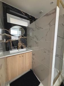 a bathroom with a sink and a mirror at L'Escale in Sangatte +29 photos