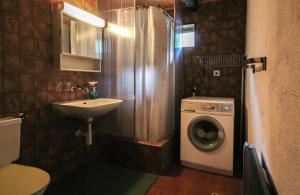 ein Badezimmer mit einer Waschmaschine und einem Waschbecken in der Unterkunft Gabrielenhaus in Wassen