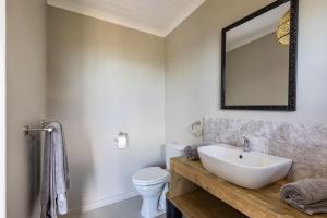 a bathroom with a sink and a toilet and a mirror at Pine Forest Retreat Cabin in Plettenberg Bay