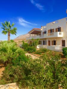 a large white building with a palm tree in the background at Dimitris Apartments in Frý