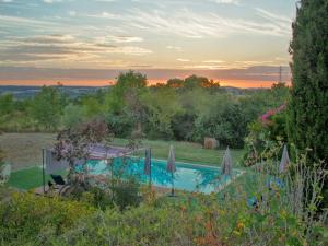 a swimming pool in a garden with umbrellas at Roulotte du Touton avec climatisation in Preignan