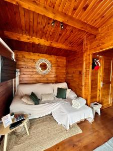 a room with a couch in a log cabin at Betenama - Rustic Hideaway with Pool & Garden in Tesbabo