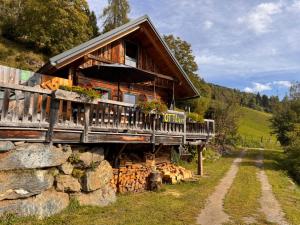 a wooden cabin on a pile of logs at Ottls Huette in Sankt Lorenzen ob Murau