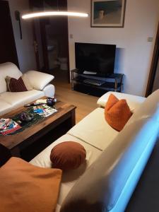 ein Wohnzimmer mit zwei Sofas und einem Fernseher in der Unterkunft FW Doris in Ruhla