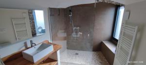 a bathroom with a shower with a sink and a tub at MAS Estrela Chambre Lo Nis in Bessèges