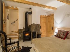 a bedroom with a fireplace and a bed in a room at TatryTop Domek Miód Malina in Zakopane