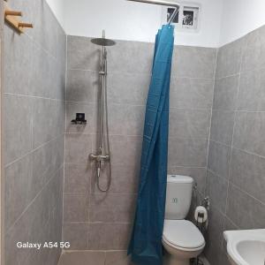 a shower with a blue shower curtain in a bathroom at Fayalobi in Saint-Laurent du Maroni