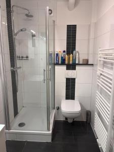 a bathroom with a toilet and a glass shower at Kenny's place in Essen