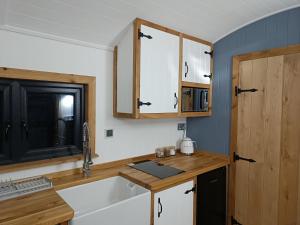a kitchen with a sink and wooden cabinets at Old Quay Escape in Tenby
