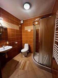 a bathroom with a toilet and a shower and a sink at Vila Panorama in Ždiar +53 photos