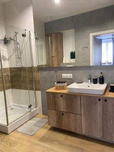 a bathroom with a sink and a shower at Loftson Apartament in Konin +18 photos