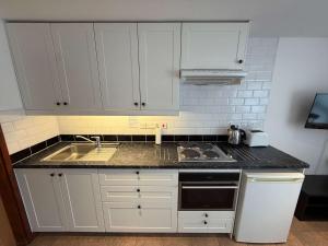 a kitchen with white cabinets and a sink at Millbrook House Apartments 8 in Milton