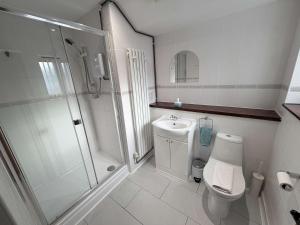 a bathroom with a shower and a toilet and a sink at Millbrook House Apartments 9 in Milton