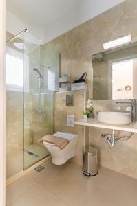 a bathroom with a shower and a toilet and a sink at Potamos Apartments in Sidari