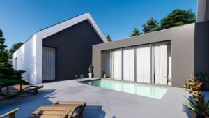 a house with a swimming pool in front of it at Fine Arts in Moledo