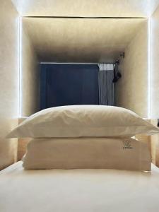 a bed with two pillows on top of it at L YOUNG Inn Capsule Hotel Myeongdong in Seoul