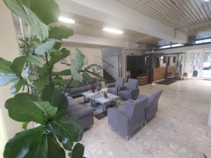 a living room with couches and a table at Hostel Arena in Zagreb
