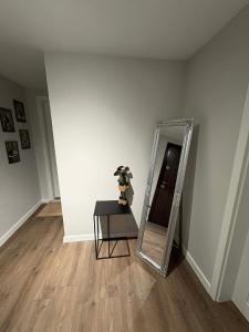 a room with a mirror and a table with a dog on it at BALKAN TOWER- Apartment Viktoria in Gabrovo +9 photos