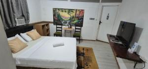 a bedroom with a white bed and a television at Larmar bed and breakfast in Puerto Princesa City