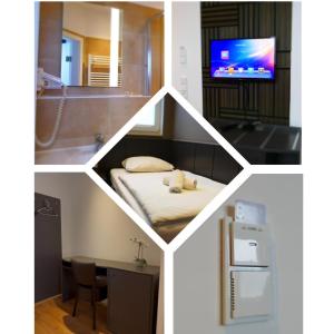 a collage of photos of a room with a bed and a bathroom at Stern Hotel Hannover in Hannover