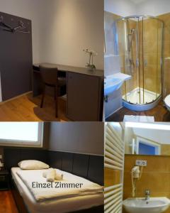 a bathroom with a bed and a shower and a sink at Stern Hotel Hannover in Hannover