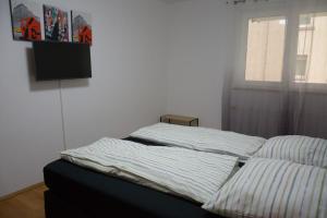 two beds in a room with a tv on the wall at Exklusive Wohnung mit Garten in Niederdorla