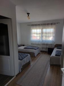 a bedroom with two beds and a tv and a window at Sári Vendégház in Remetea