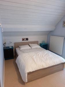 a bedroom with a large white bed with two tables at Gite le Buron in La Bourboule