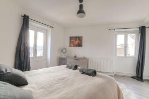 a bedroom with a large bed and two windows at Appart lumineux, WIFI haut débit, proche gare 7 min, Lyon 15 min in Couzon-au-Mont-dʼOr