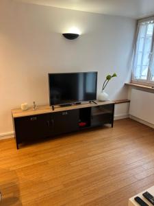 a living room with a flat screen tv on a entertainment center at studio confort seine port in Seine-Port