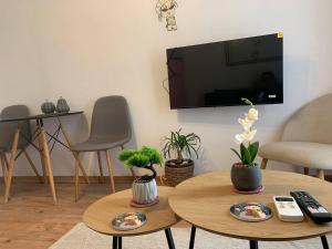 a living room with two tables and a flat screen tv at Athina Central Corfu Town Apartment in Ágios Rókkos