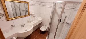 a bathroom with a sink and a shower and a toilet at Jagersimmerl in Grünau im Almtal +16 photos