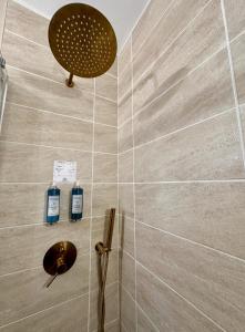 a bathroom with a shower with two bottles of soap at Studio 2 des Remparts à 5mins de Charleville-Mézières in Warcq +18 photos