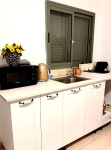 a kitchen with a sink and a microwave at אמדר בעתיקה in Beer Sheva