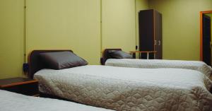 two beds in a room with green walls at Трініті Хаус in Kyiv