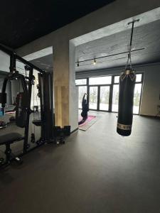 a gym with a punching bag hanging in a room at The Underground MOOTEL in Porumbacu de Jos