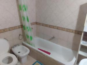 a bathroom with a toilet and a tub and a sink at Suite Artistica in Mendoza +10 photos
