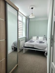 a bedroom with a bed and a mirror at Apartamenty u Antka in Nowe Miasto Lubawskie