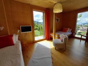 ein Schlafzimmer mit Bett, Fernseher und Fenster in der Unterkunft B&B Sunnesite Pratteln in Pratteln