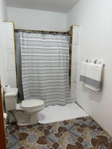 a bathroom with a toilet and a shower at Dvilla Resort in Negril