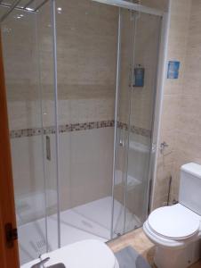 a bathroom with a shower and a toilet at LG Calafell Beach in Calafell +3 photos