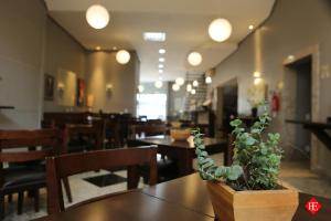a restaurant with tables and chairs and a potted plant at Hotel Elevado in Porto Alegre +11 photos