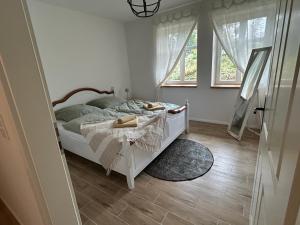 a bedroom with a bed and two windows and a rug at Exterhof in Rinteln
